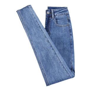 艾格蓝色牛仔铅笔裤女2026年春季新款高腰修身显瘦九分复古小脚裤