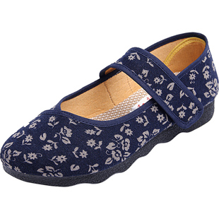 老年鞋女防滑软底蓝色老北京布鞋拉带兰花老太太大码民族风魔术贴