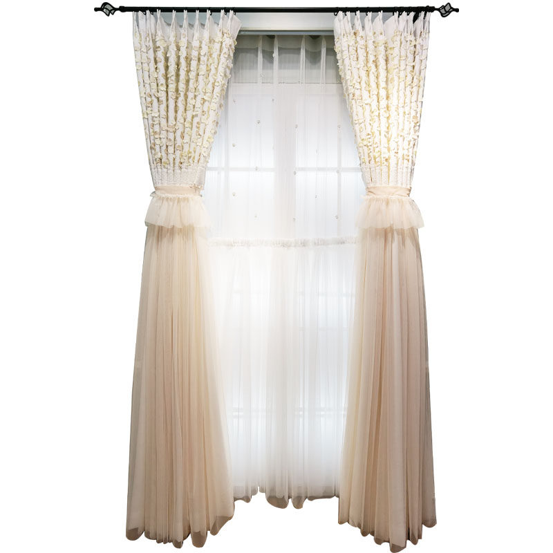 卡汀日式韩式田园公主风粉色樱花白色棉麻裙摆卧室窗帘百叶窗纱