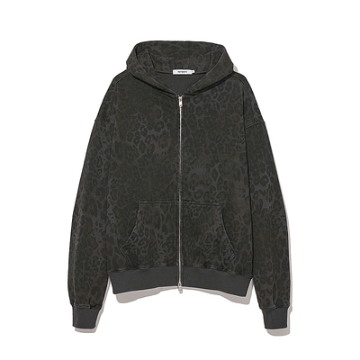 水洗复古双拉链豹纹短款连帽卫衣