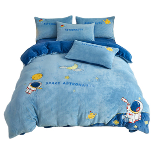 儿童卡通加厚床单被套牛奶绒四件套男孩秋冬保暖三件套蓝1.2床笠