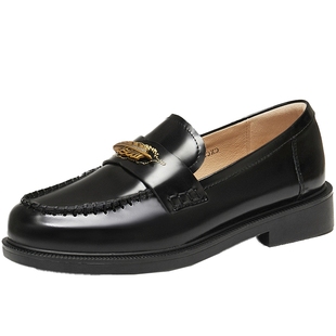 天美意金色羽毛平底英伦常青藤乐福鞋女软底小皮鞋单鞋2026春新款