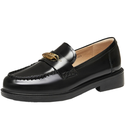 天美意金色羽毛平底英伦常青藤乐福鞋女软底小皮鞋单鞋2026春新款