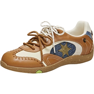 天美意星星手作德训鞋皮面复古阿甘女双鞋带运动休闲鞋2026春新款