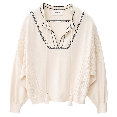 bash春季法式波西米亚慵懒刺绣镂空v领宽松长袖针织上衣1H25BAUS