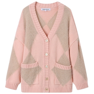 【张慧雯同款】ANDREA MARTIN粉色菱格毛衣女宽松针织开衫外套