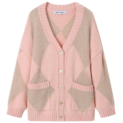 【张慧雯同款】ANDREA MARTIN粉色菱格毛衣女宽松针织开衫外套