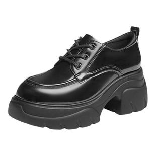 红蜻蜓厚底皮鞋女2025新款松糕鞋不累脚单鞋舒适增高黑色乐福鞋