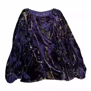 VANLU轻奢定制 古典华丽 重工烫金植绒圆领灯笼袖真丝丝绒上衣