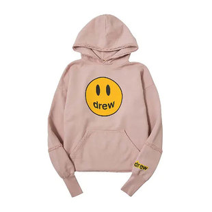 drew house mascot笑脸连帽拼接美式拉绒卫衣灰粉色男女同款