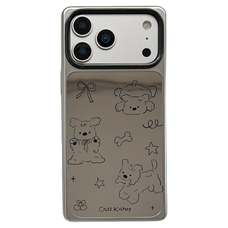 jze电镀银镜面可爱卡通小狗ins适用苹果17ProMax手机壳韩系iphone16pro新款17女款15pro创意14全包防摔手机套
