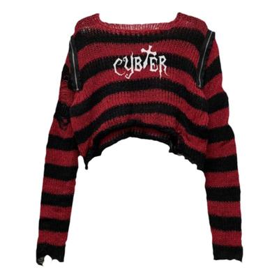 朋克套头条纹露肩针织衫