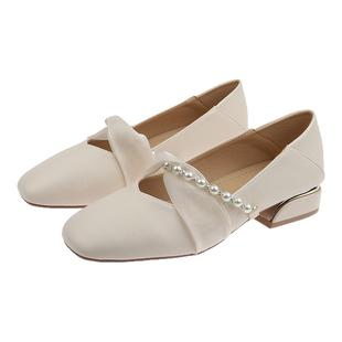 品牌鞋真皮玛丽珍鞋2026春秋新款浅口粗跟配裙子单鞋女软皮豆豆鞋