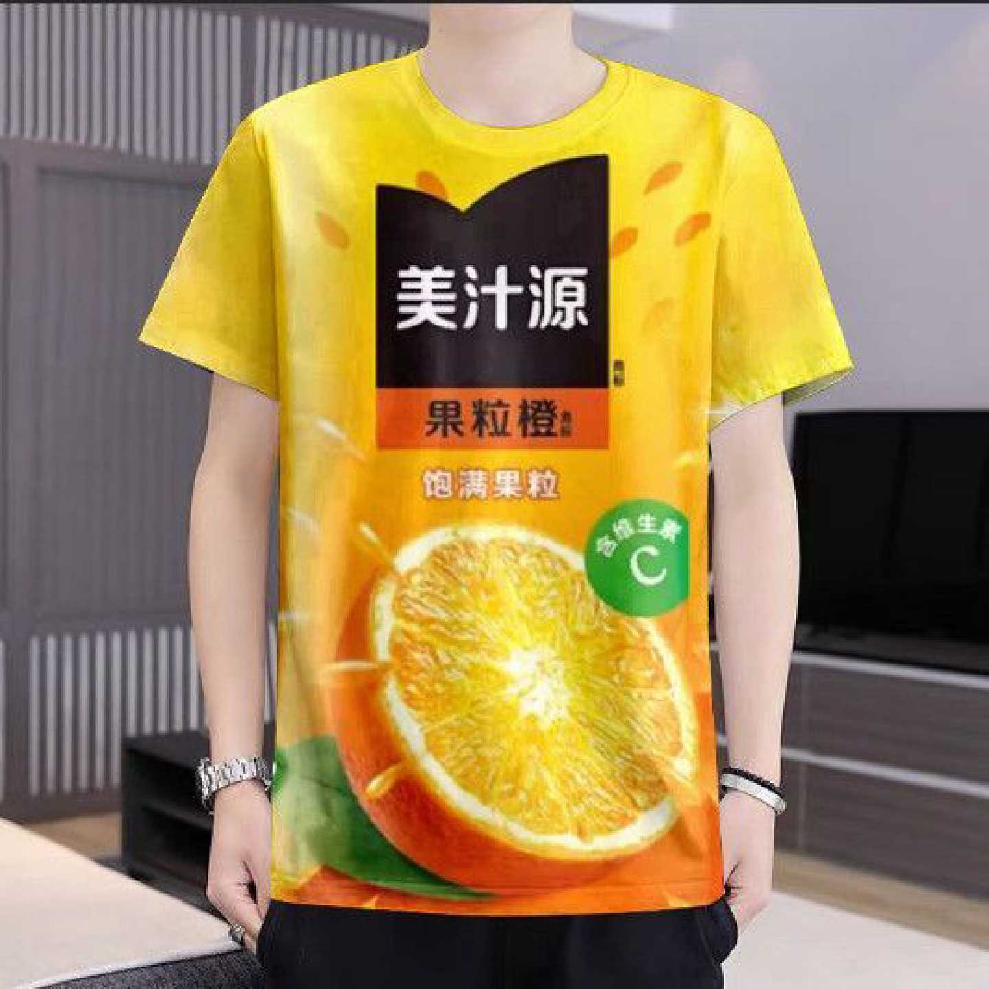 2025夏季爆款热销橙汁饮料图案3D印花短袖 舒适透气抽象搞怪T恤衫