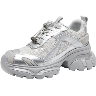 natursun时尚休闲鞋女冬季复古银色老爹鞋系带圆头舒适厚底运动鞋