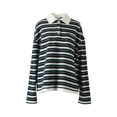 【康桥漫步】Magyann设计师原创2025夏休闲宽松条纹翻领T恤长袖女