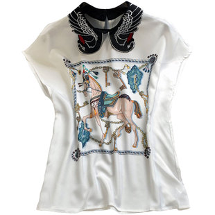 2026夏装新款欧货潮时尚洋气小衫短袖上衣真丝套头印花雪纺衬衫女