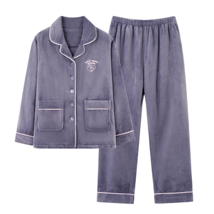 芬腾可安睡衣女款2026新款冬高级感珊瑚绒加厚大码深蓝家居服冬季