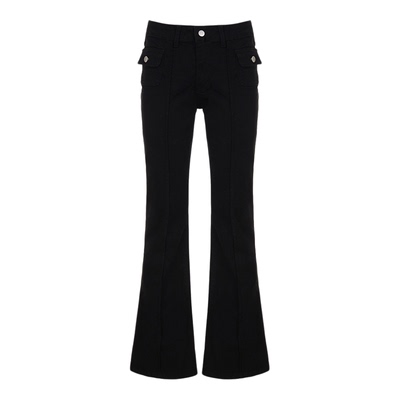 黑色低腰显瘦明线分割微喇牛仔裤