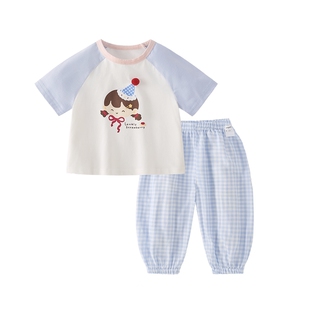 女童短袖套装小童夏季撞色t恤格纹长裤儿童休闲两件套宝宝夏装女