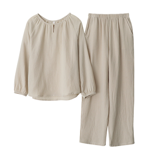 软糯套头睡衣女水洗纯棉纱收口长袖口袋长裤大气纯色家居睡眠服薄