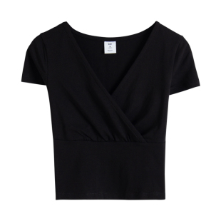 高腰短款上衣性感交叉V领打底衫纯棉t恤女士短袖露脐显瘦2025夏潮