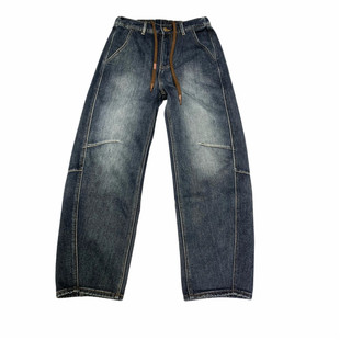 弯刀美式复古牛仔裤男士2025冬季新款松紧腰抽绳水洗蓝色加绒牛仔