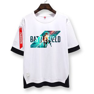 战地风云2042战地风云Battlefield假两件短袖T恤衫男女学生五分袖
