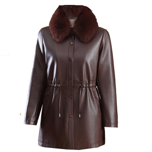 中老年女装加绒皮衣妈妈冬装外套中长款老年人加厚PU皮棉袄带毛领