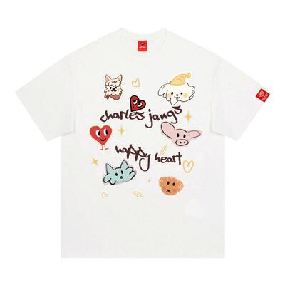查尔斯桃心 童趣宠物印花纯棉短袖T恤男女夏季宽松美式卡通情侣