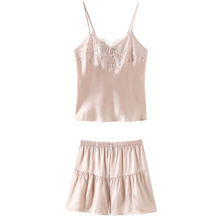 美标真丝吊带短裤睡衣套装女夏薄款100%桑蚕丝性感丝绸蕾丝家居服