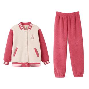 安之伴珊瑚绒情侣睡衣女秋冬款加绒加厚棒球服可外穿夹克服家居服