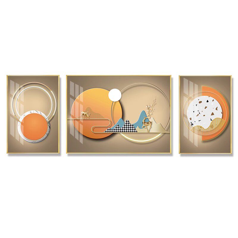 现代简约装饰画客厅沙发背景墙轻奢发财麋鹿壁画三联组合晶瓷挂画