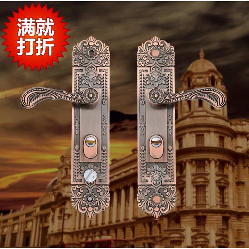 铝合金防盗门锁红古铜色大门锁面板把手双开门把手面板青古铜拉手