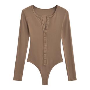 性感纯欲辣妹连裆打底衫女春秋小众设计开叉紧身长袖打底连体上衣