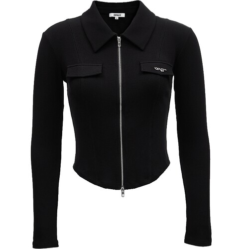 ONLY2026春季新款时尚辣妹风正肩翻领拉链开衫黑色T恤女