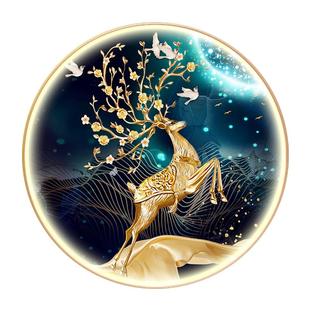 入户画声控led带灯玄关画圆形装饰画轻奢麋鹿招财挂画晶瓷画壁画