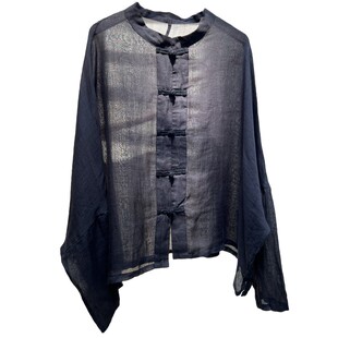 夏苎麻中式复古女衬衫立领盘扣宽松薄款上衣透气长袖开衫防晒外披