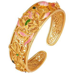 锦鲤鱼戏莲花翡翠银鎏金手镯非遗掐丝景泰蓝珐琅新中式荷花银手环