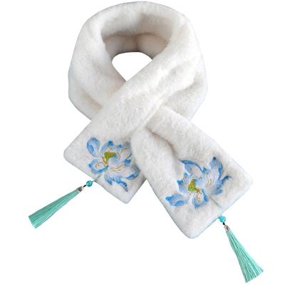 中国风刺绣仿獭兔毛毛绒保暖围巾女秋冬季交叉围脖短款仿皮草脖套