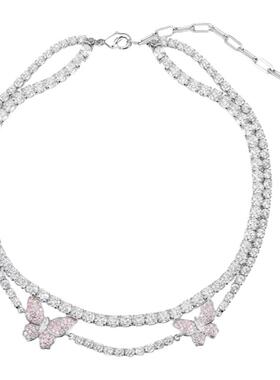 粉色立体蝴蝶双层锆石项链