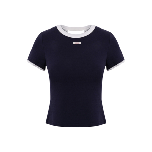 陈瑶同款 Kroche  露背设计 木浆纤维撞色蕾丝拼接圆领短袖