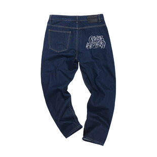 核爆炸西海岸花体字刺绣蓝色复古丹宁直筒小直脚原浆重磅牛仔裤男
