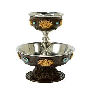 精工铜护法杯八吉祥雕花彩珠镶嵌供酒杯高脚供水杯圣水杯摆件