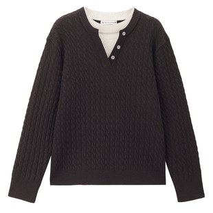 设计师款佐丹奴针织衫女装老钱风假两件宽松圆领绞花毛衣18355233