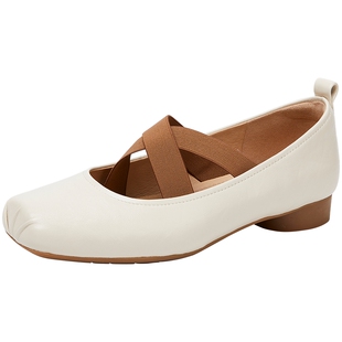 百田森方头芭蕾鞋女秋季新款玛丽珍软底羊皮浅口鞋百搭单鞋