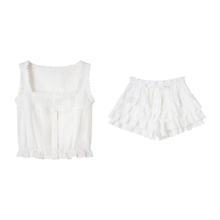 【人间碎星】Uena白色肌理感花边方领背心短款A字蓬蓬半身裙套装