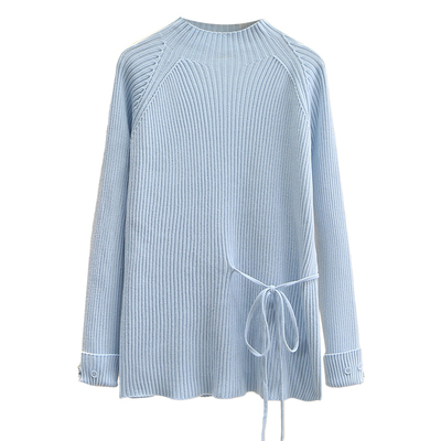 半高领大码针织衫女系带收腰毛衣