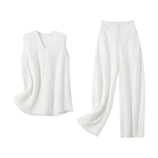 YANGLE_亚麻套装夏女2025年新款薄款慵懒松弛马甲宽松阔腿弯刀裤