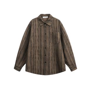 老钱风条纹衬衫男复古咖色上衣 国潮轻薄肌理感宽松翻领长袖衬衣